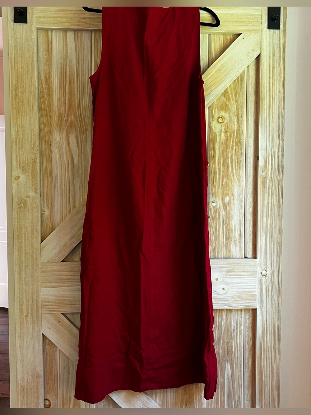 Vintage Talbots Red Linen Rayon Maxi Dress Cottagecore 90s Pinafore Pocket Dress - Picture 9 of 9